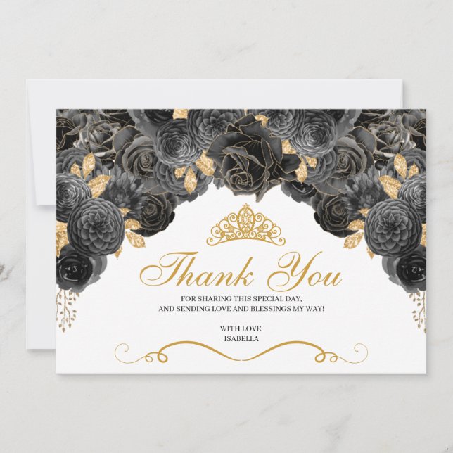 Black and Gold Floral Quinceanera Thank You  Card (Front)