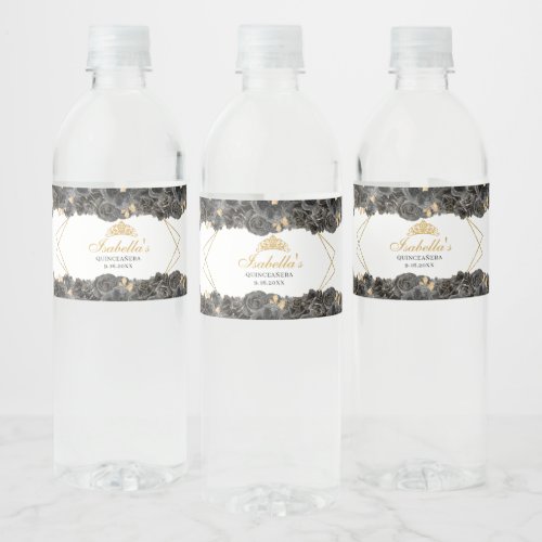 Black and Gold Floral Quinceanera Water Bottle Label