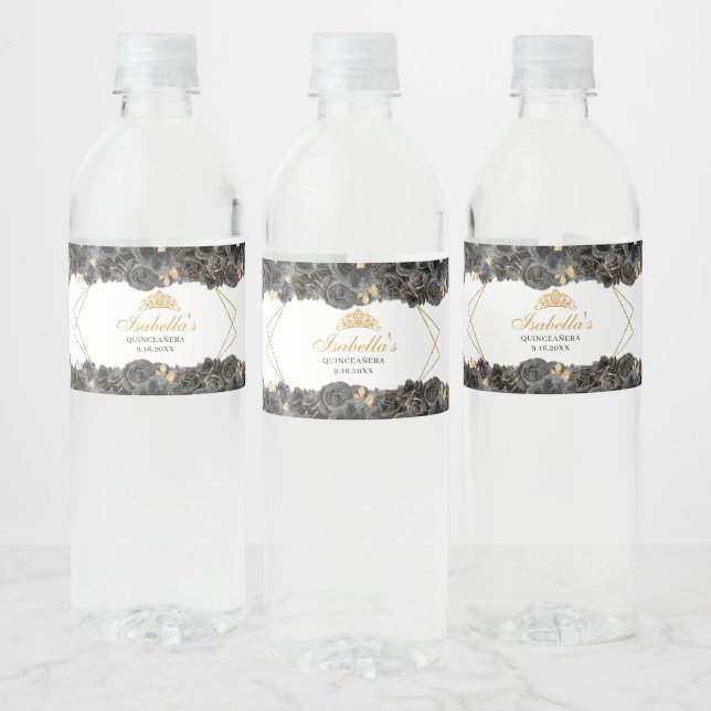 Black and Gold Floral Quinceanera Water Bottle Label (Bottles)