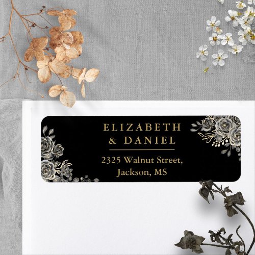 Black And Gold Floral Roses Gothic Return Address Label