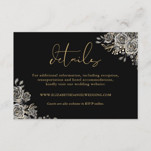 Black And Gold Floral Roses Gothic Wedding Details Enclosure Card