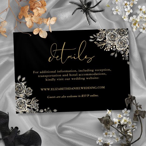 Black And Gold Floral Roses Gothic Wedding Details Enclosure Card