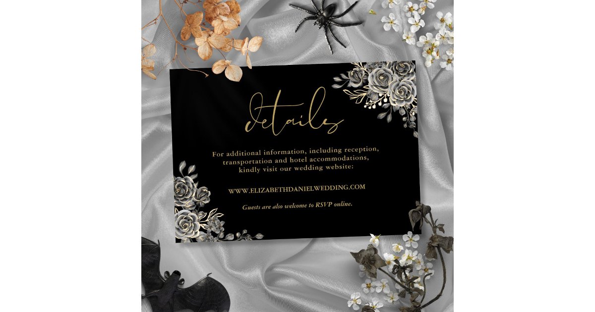 Black And Gold Floral Roses Gothic Wedding Details Enclosure Card | Zazzle