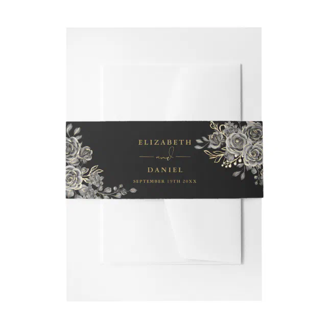 Black And Gold Floral Roses Gothic Wedding Invitation Belly Band | Zazzle