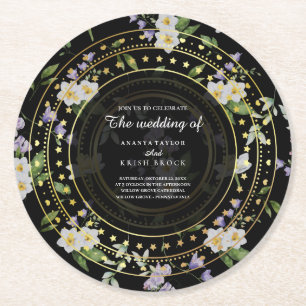 Black and Gold Floral, Round Paper Coaster