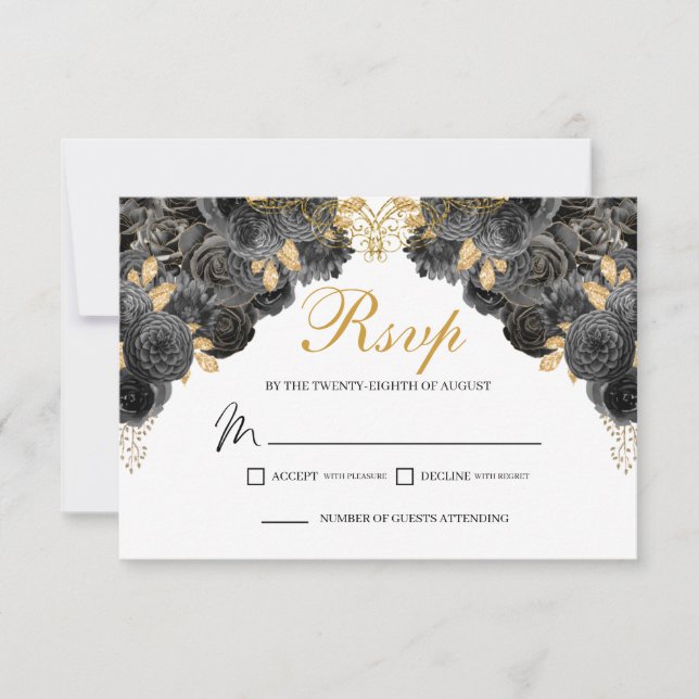 Black and Gold Floral RSVP Enclosure Card (Front)