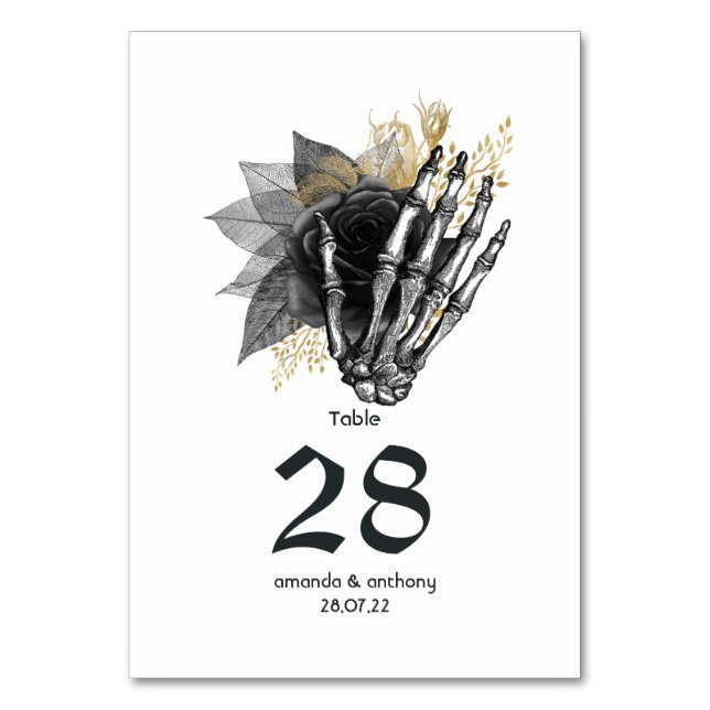 Black and Gold Floral Skeleton Gothic Wedding Table Number (Front)