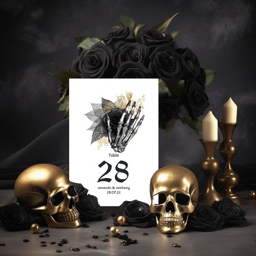 Black and Gold Floral Skeleton Gothic Wedding Table Number