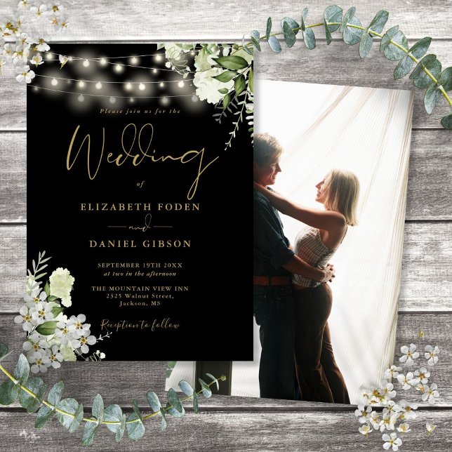 Black And Gold Floral String Lights Photo Wedding Invitation (Black And Gold Floral String Lights Photo Wedding Invitation)