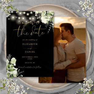 Black And Gold Floral String Lights Photo Wedding Save The Date