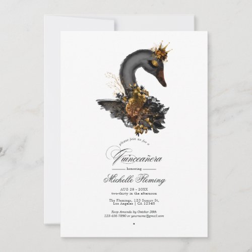 Black and Gold Floral Swan Quinceaera Photo Invitation