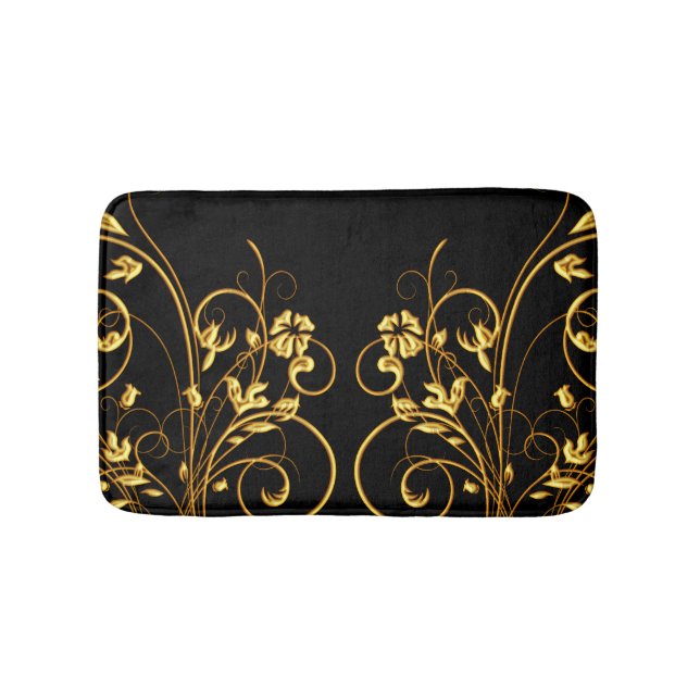 Black And Gold Floral Swirl Bath Mat (Front)