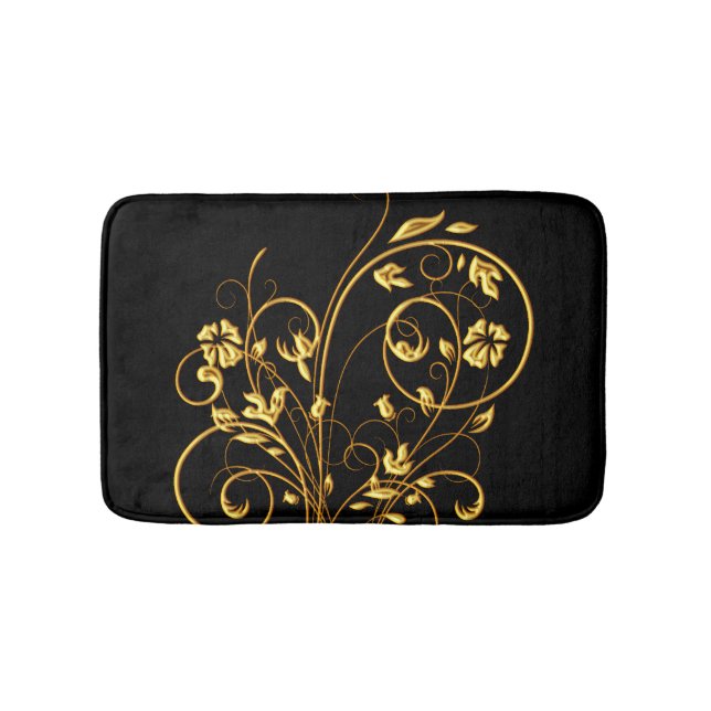 Black And Gold Floral Swirl Bath Mat (Front)
