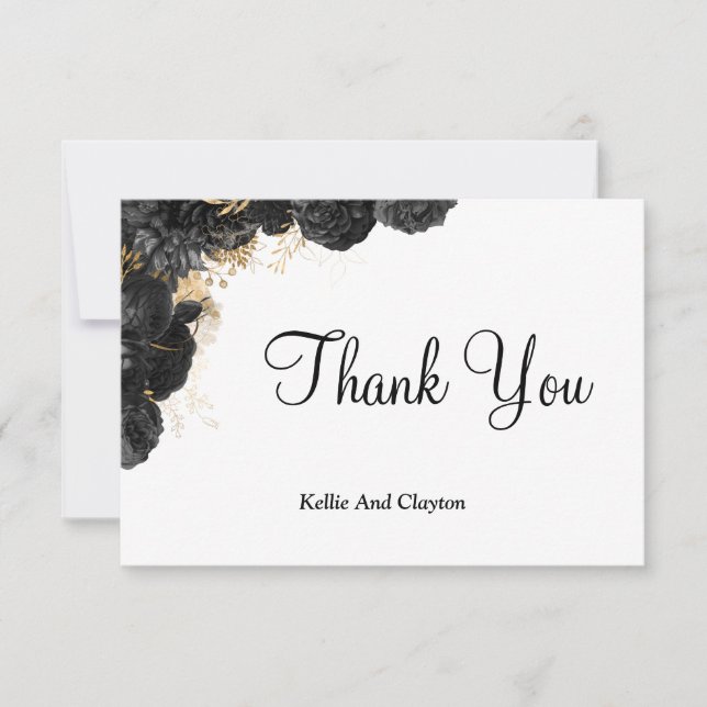 Black And Gold Floral Thank You Cards (Front)