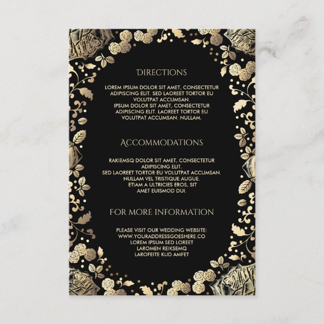 Black and Gold Floral Wedding Details- Information Enclosure Card (Front)