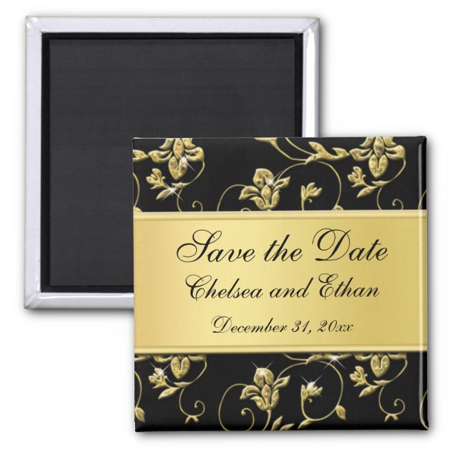 Black and Gold Floral Wedding Favor Magnet (Front)