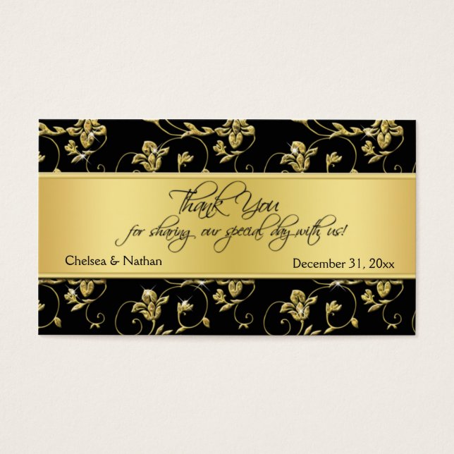 Black and Gold Floral Wedding Favor Tag (Front)