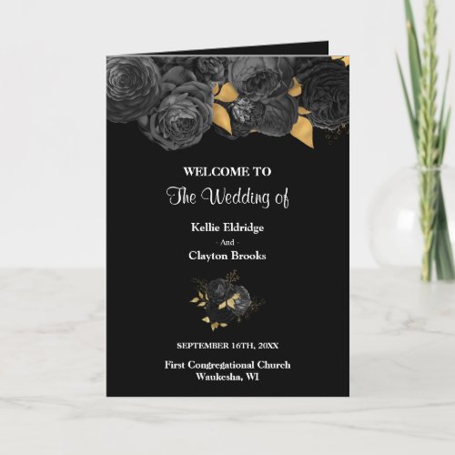 Black And Gold Floral Wedding Folded Program