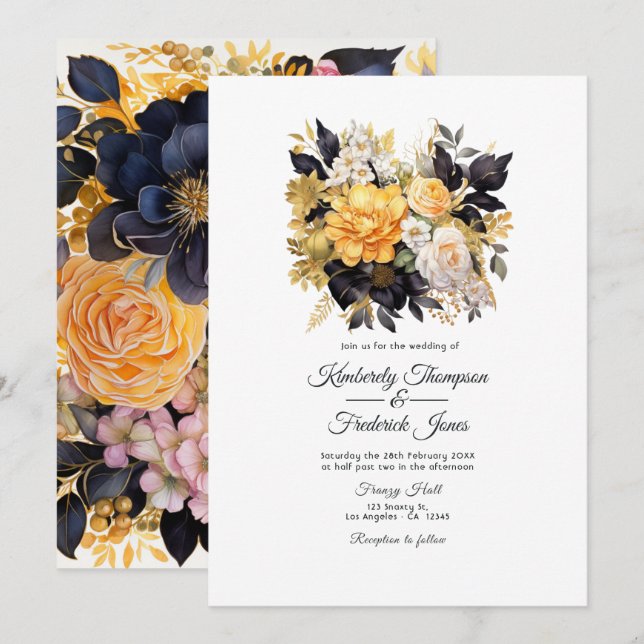 Black and Gold Floral Wedding Invitation (Front/Back)