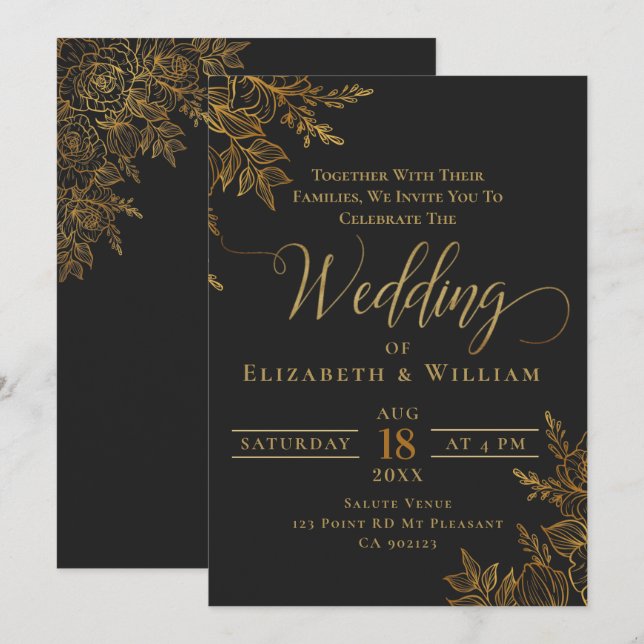 Black and Gold floral wedding Invitation (Front/Back)