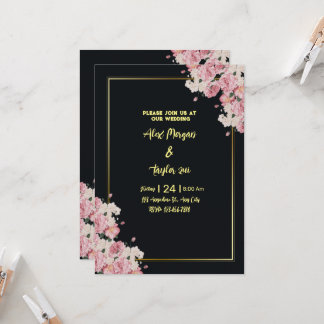 Black and gold floral wedding invitation