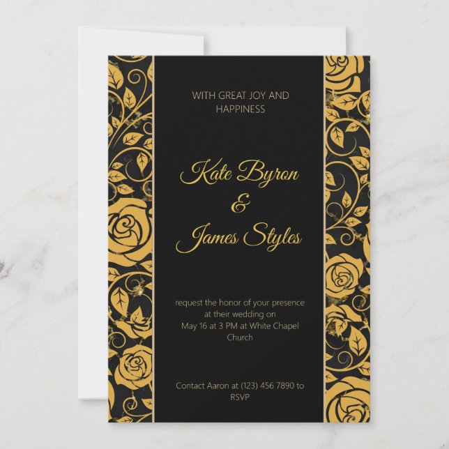 Black and Gold Floral Wedding Invitation (Front)