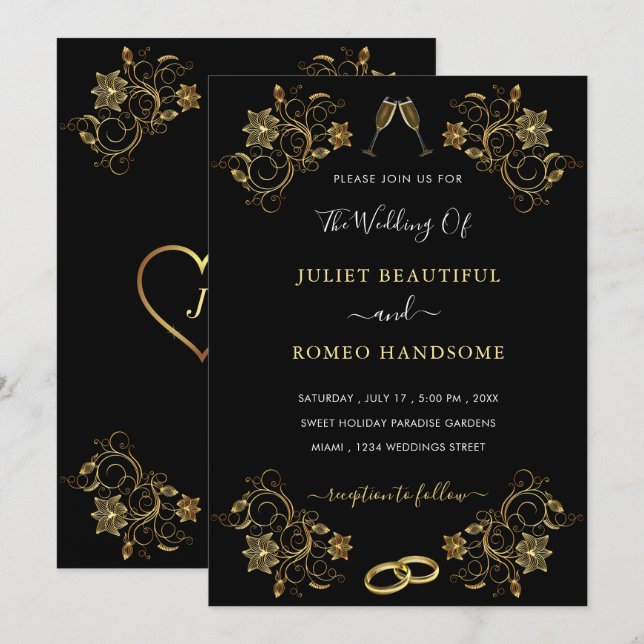 Black and Gold Floral Wedding Invitation Example (Front/Back)