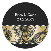Black and Gold floral wedding invitations Classic Round Sticker