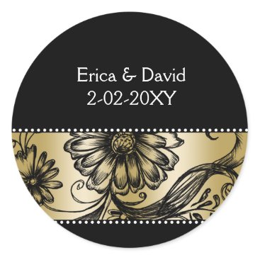 Black and Gold floral wedding invitations Classic Round Sticker