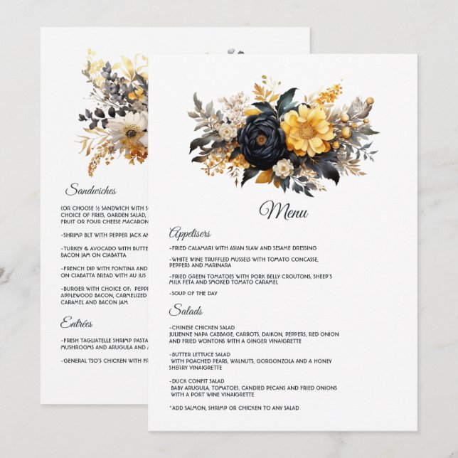 Black and Gold Floral Wedding Menu (Front/Back)