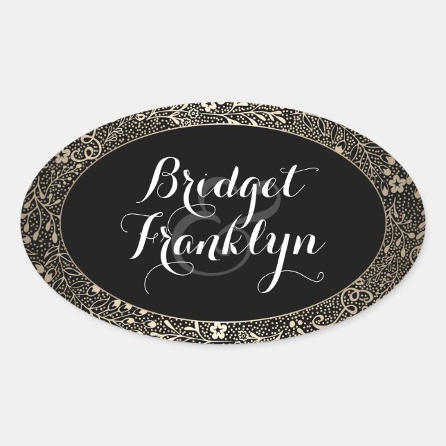 Black and Gold Floral Wedding Oval Sticker (Front)