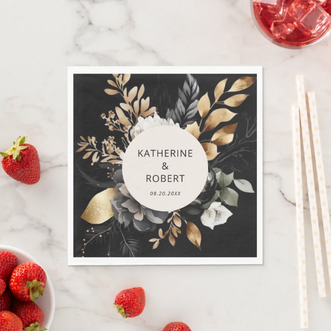 Black and Gold Floral Wedding Paper Napkins (Insitu)
