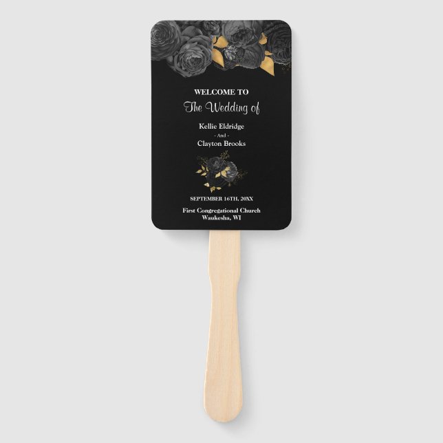 Black And Gold Floral Wedding Program Hand Fan (Front)
