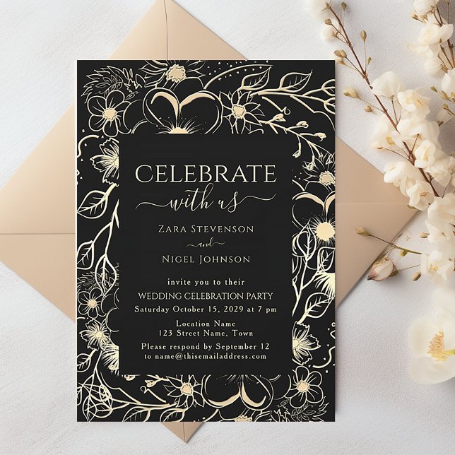 Black and Gold Floral Wedding Reception Invitation (Creator Uploaded)