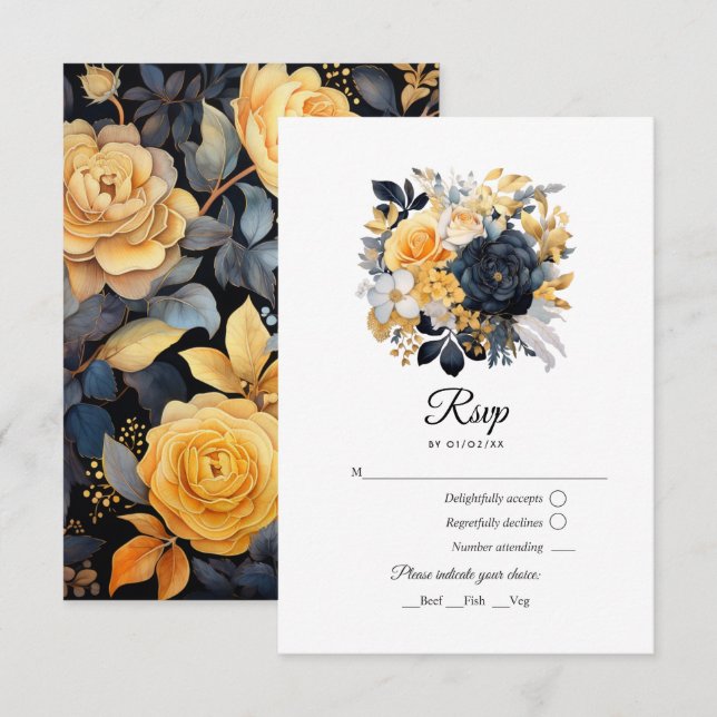 Black and Gold Floral Wedding RSVP Card (Front/Back)