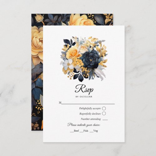 Black and Gold Floral Wedding RSVP Card