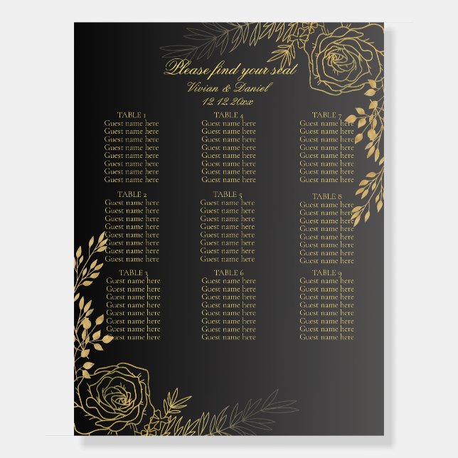 Black and Gold Floral Wedding Seating Chart Foam Board (Front)