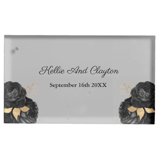 Black And Gold Floral Wedding Table Card Holder (Front)