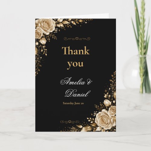 Black and Gold Floral Wedding Thank You Card