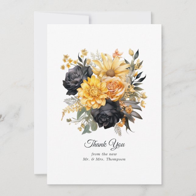 Black and Gold Floral Wedding Thank You Card (Front)