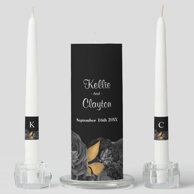 Black And Gold Floral Wedding Unity Candle Set (Front)