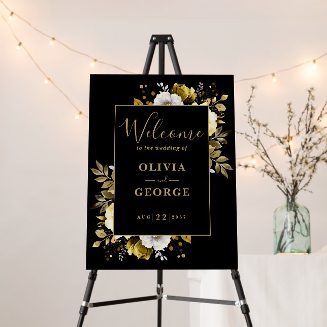 Black And Gold Floral Wedding Welcome Sign (In Situ (Stand))