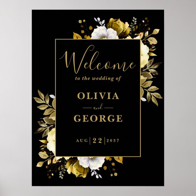 Black And Gold Floral Wedding Welcome Sign (Front)