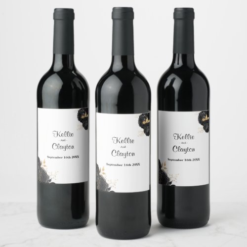 Black And Gold Floral Wedding Wine Label