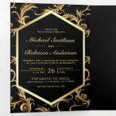 Black and Gold Flourish Swirl Wedding Photo Tri-Fold Invitation (Inside First)