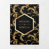 Black and Gold Flourish Swirl Wedding Photo Tri-Fold Invitation (Cover)