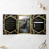 Black and Gold Flourish Swirl Wedding Photo Tri-Fold Invitation (Inside)