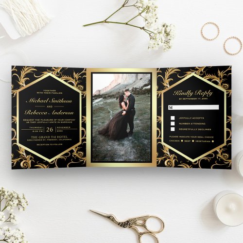 Black and Gold Flourish Swirl Wedding Photo Tri_Fold Invitation