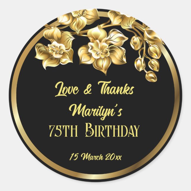 Black and gold flowers birthday party personalized classic round sticker (Front)