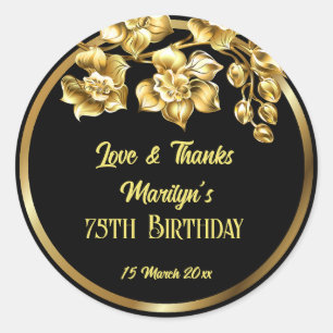 Black and gold flowers birthday party personalized classic round sticker